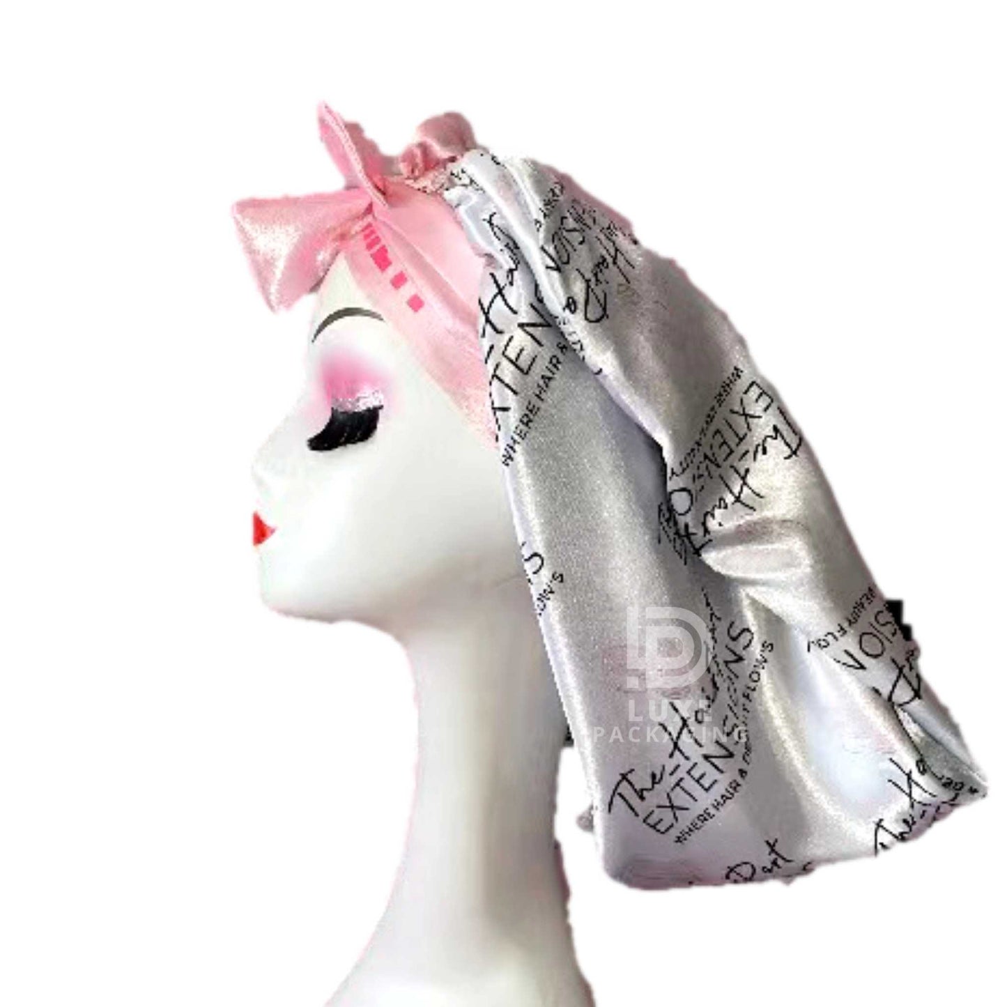 CUSTOMIZED LONG SATIN SILK BONNET WITH BUTTON LOGO PRINTING ALL OVER FREE SHIPPING